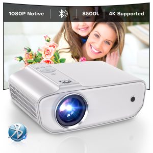 [Upgrade] Groview Mini Bluetooth Projector with 1080P Resolution - 8500 LUX Brightness, Portable Design with Bluetooth 5.1, 5-Watt Dual Stereo Speakers and 250 Inch Display Support for Home Theater, White