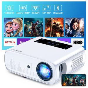 GROVIEW Projector, 15000lux 490ANSI Native 1080P WiFi Bluetooth Projector, 300'' Video Projector, Supports 4K & Zoom, 5G Sync, Compatible with HDMI USB/AV/Smartphone/Pad/Laptop/DVD/TV Stick/ PS5