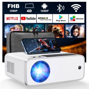 GROVIEW Smart Projector 4K Supported - 9500 Lux 1080P FHD Outdoor Movie Projector with WiFi Bluetooth, APP Control, 4D Correction, AndroidTV 9.0, Office-Software, Portable Projector for Home Theater