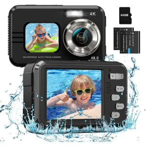 Waterproof Camera Underwater Camera 64GB Card Included Dual Screens Action Selfie 48MP 16X Digital Zoom Digital Camera Fill Light 11FT Underwater Camera for Snorkeling Kids with 2 Batteries