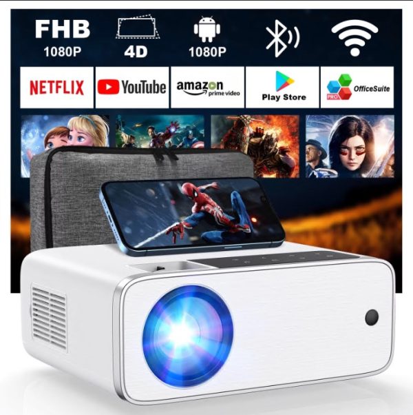 Groview WiFi Bluetooth Projector, 12000 Lux Native 1080P Projector, Android TV 9.0 Outdoor Movie Projector with 100" Screen, Home Theater Projector for Phone/PC/TV Stick
