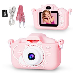 Kids Camera, Selfie Camera for Toddler with Cartoon Soft Silicone Cover, Birthday Gifts for Boys Girls Age 3-11- 32G SD Card Included, Pink